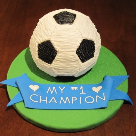 Soccer ball cake on a green cake board with a blue ribbon that says My #1 Champion.