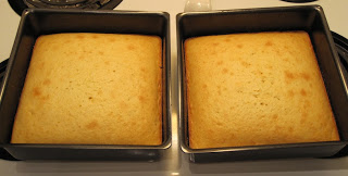 Two cakes in cake pans.