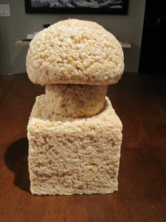 Question block and mushroom shaped out of rice krispie treats.