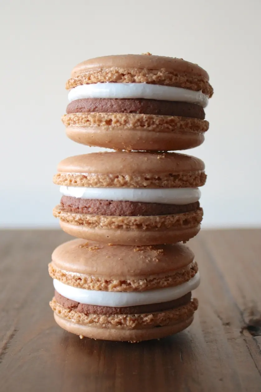Close up of a stack of macarons on a wooden table.
