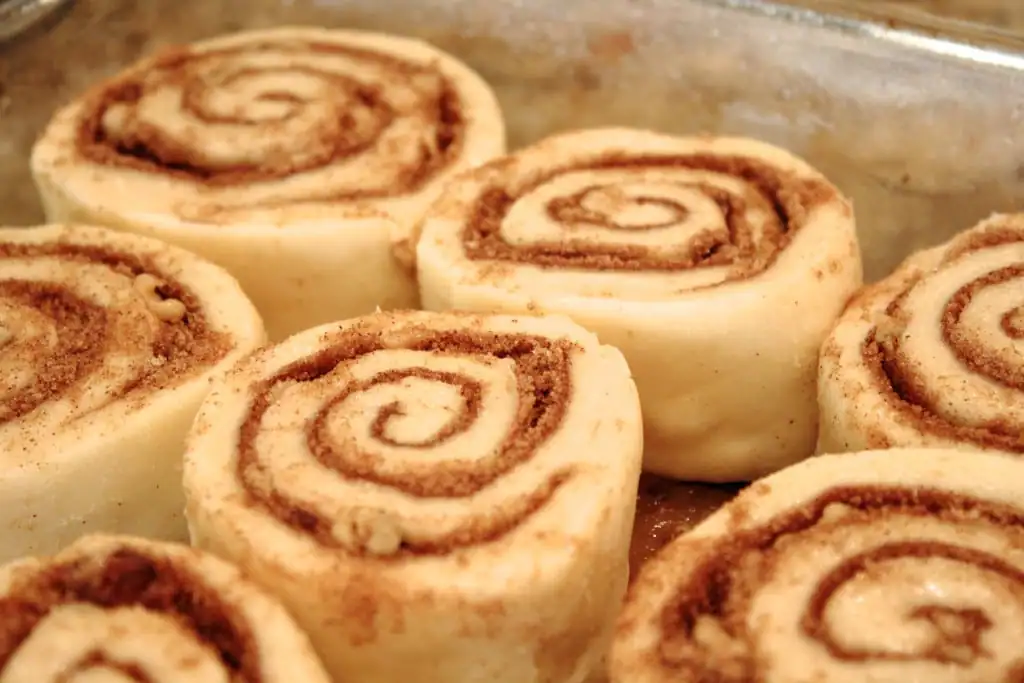 Close up of cinnamon rolls before rising