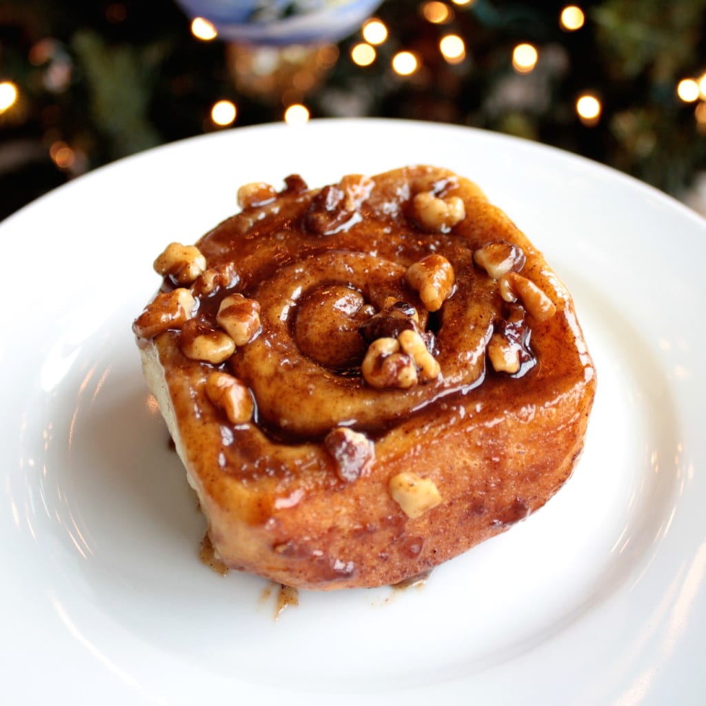 Close up of homemade cinnamon rolls with walnuts