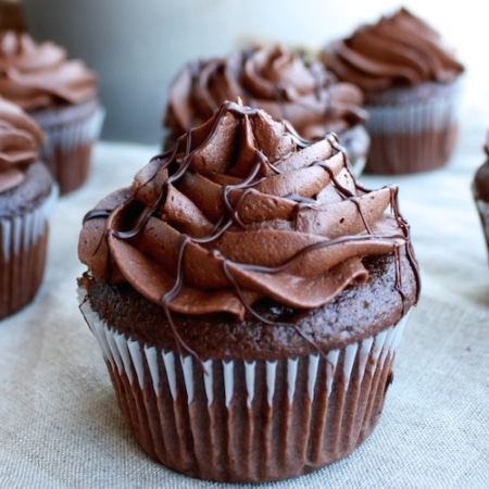A close up of a chocolate cupcake