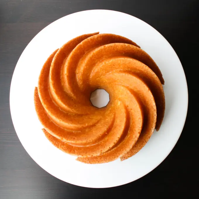 Top view of a spiral lemon bundt cake.