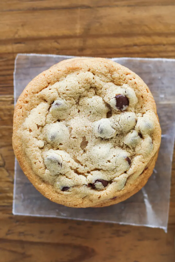 Peanut butter chocolate chip cookie, overhead shot.