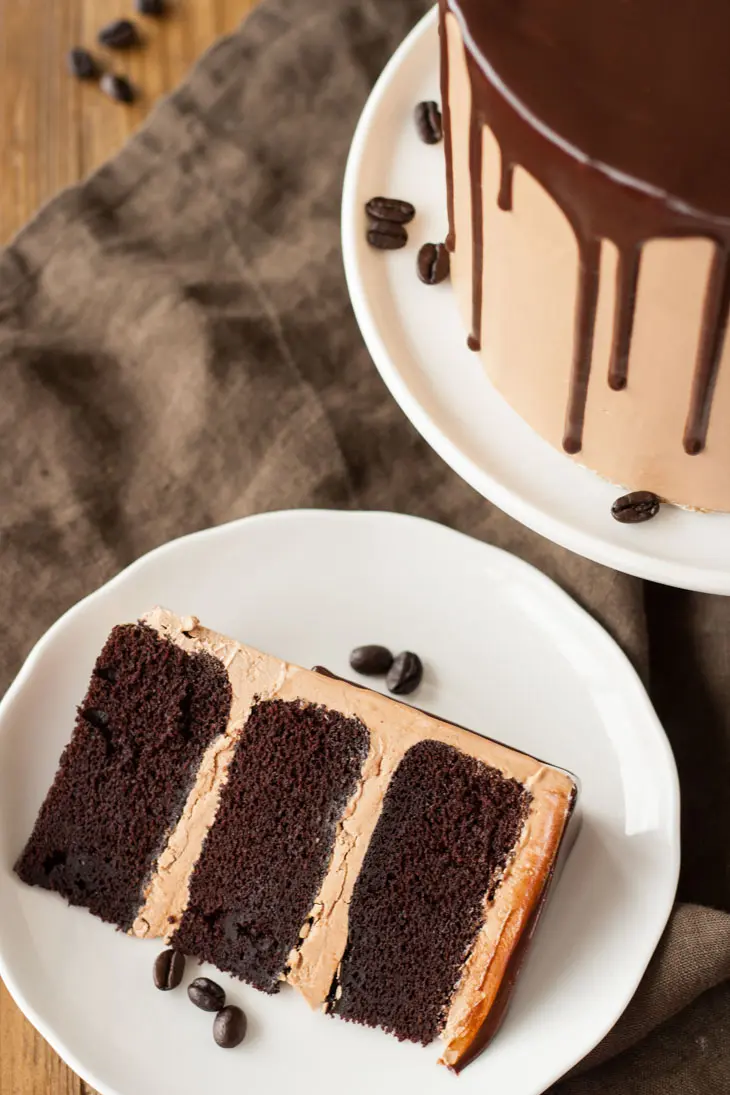 Alice of Mocha Cake on a plate.