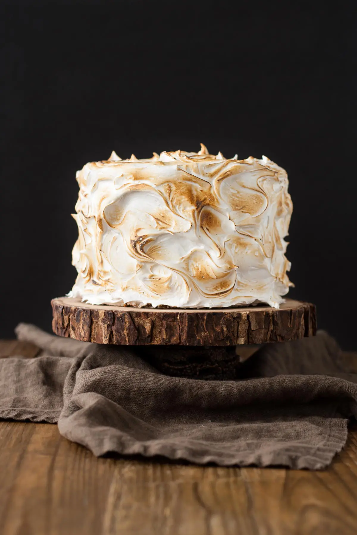 Picture of a S'mores Cake covered in meringue that is torched.