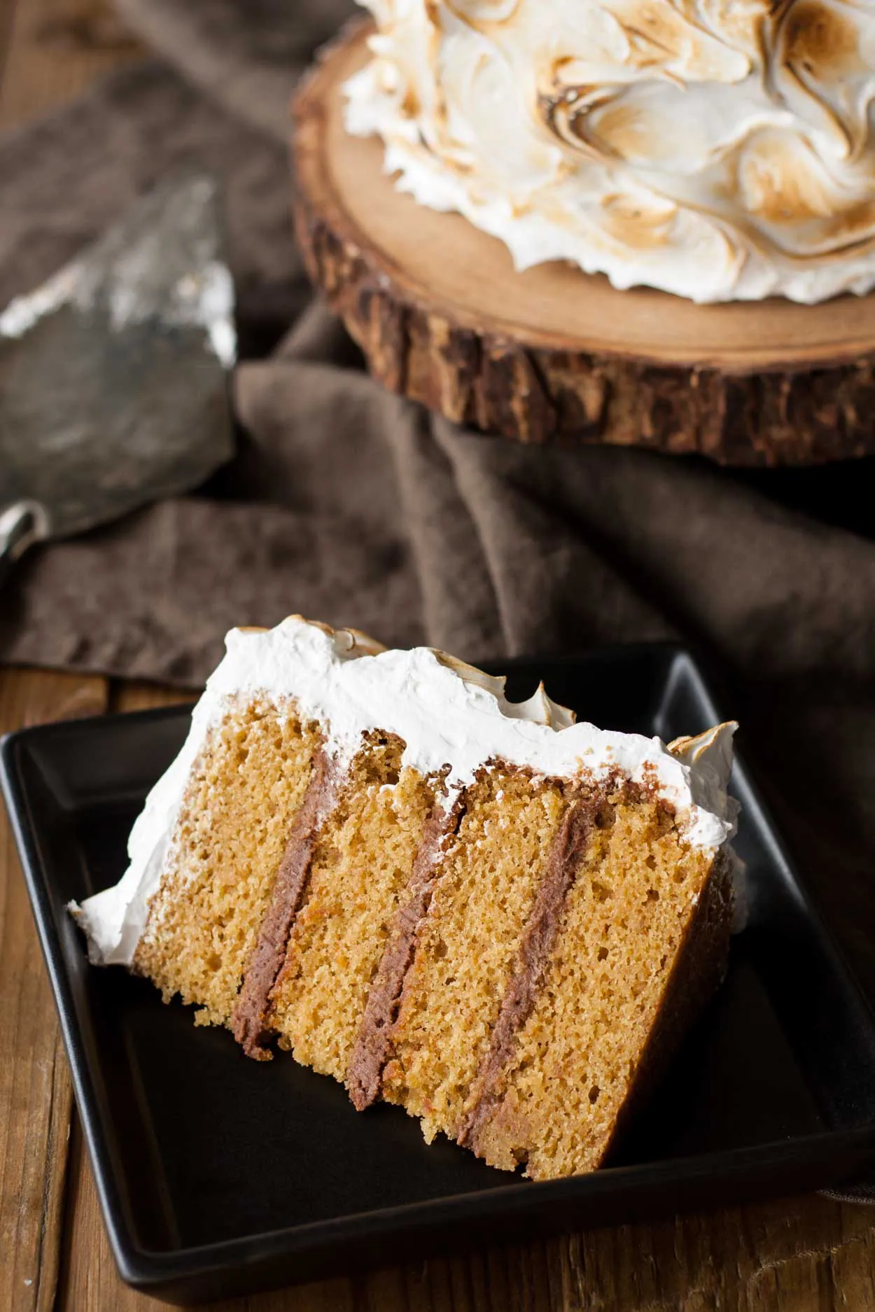 Slice of cake on a plate.