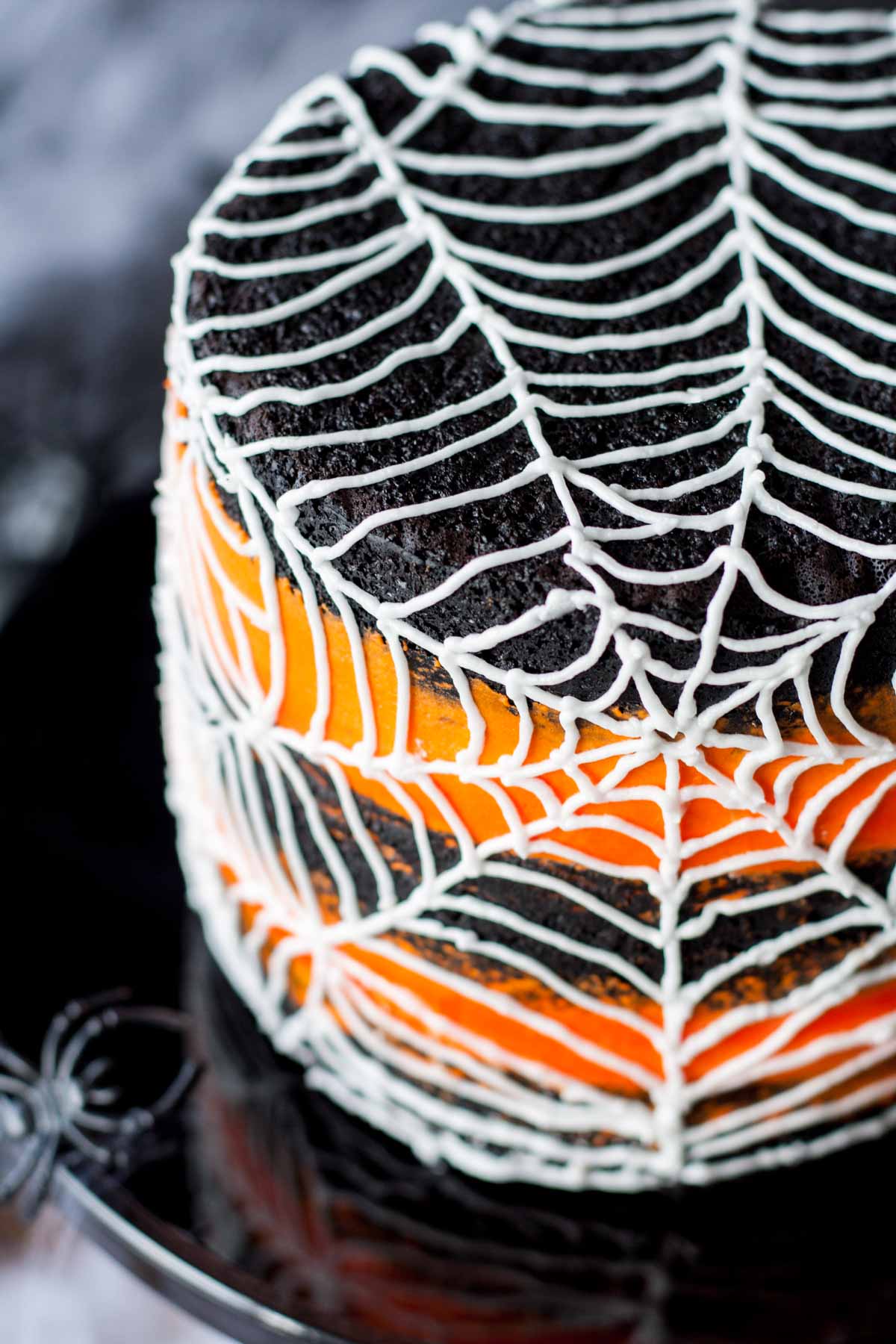 Angled shot of the piped spiderweb on the top of the cake.