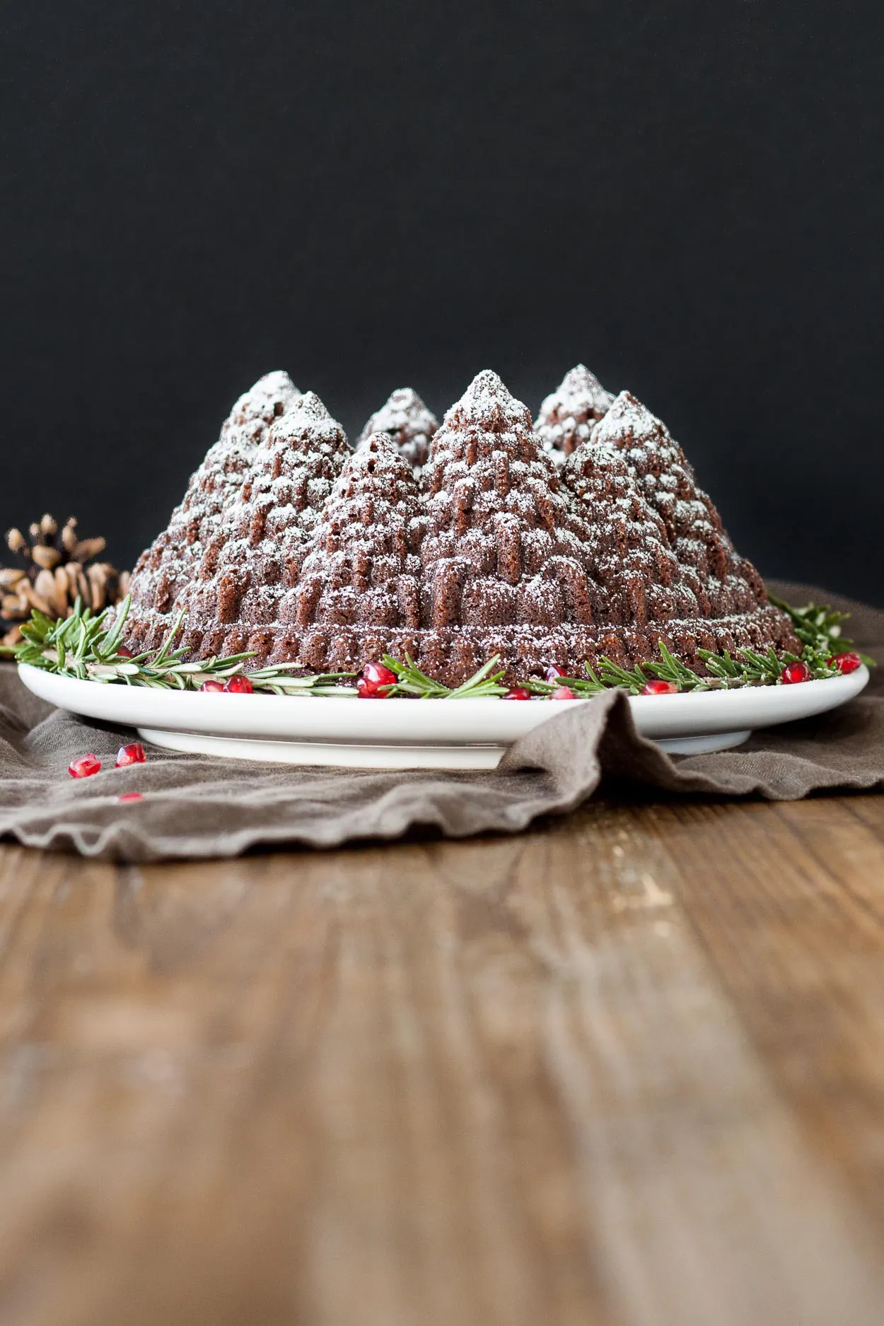 Chocolate bundt cake in a holiday tree cake pan, dusted with powdered sugar.