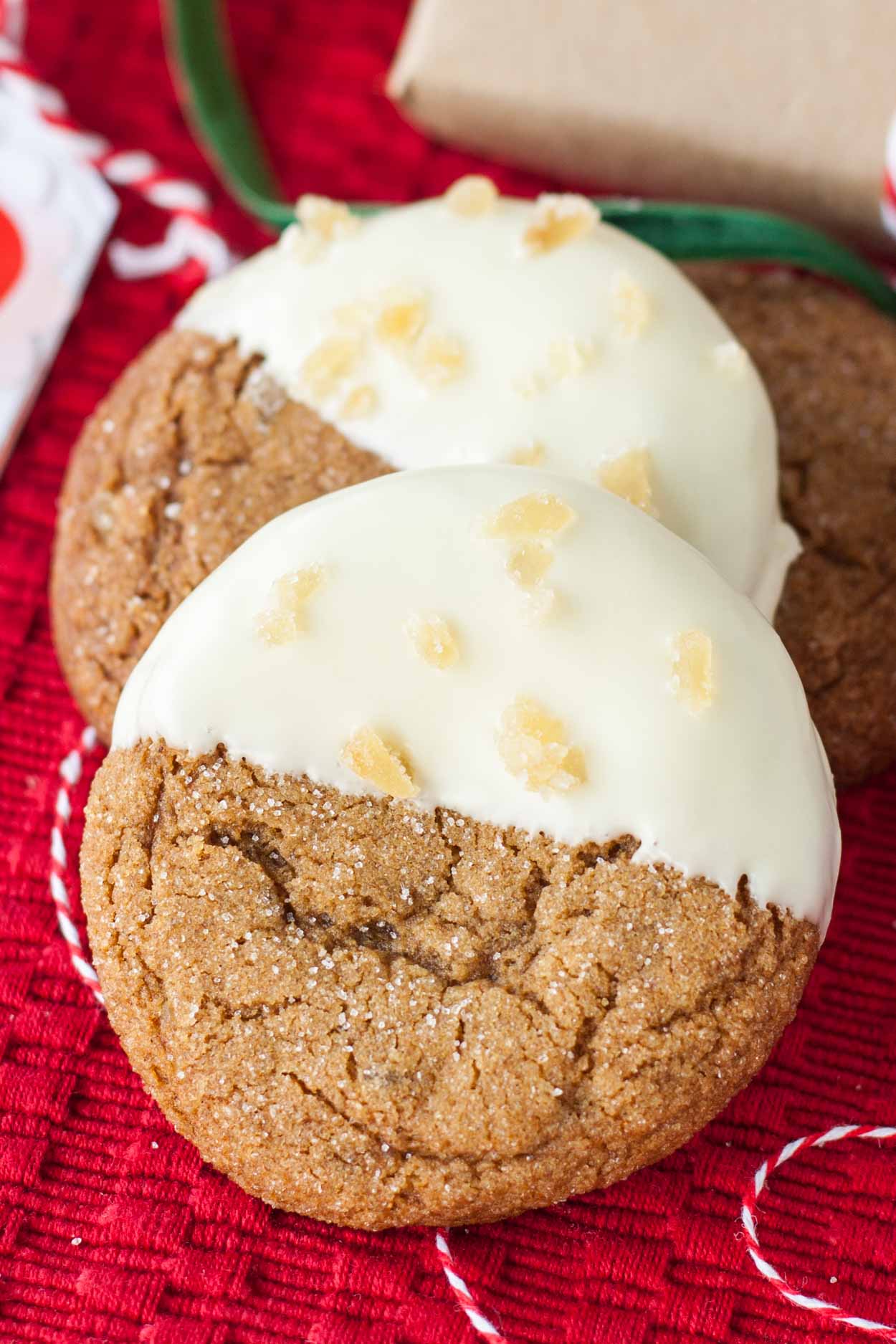 Chewy Gingerbread cookies dipped in white chocolate