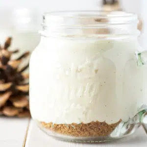 Close up of eggnog mousse in a jar.