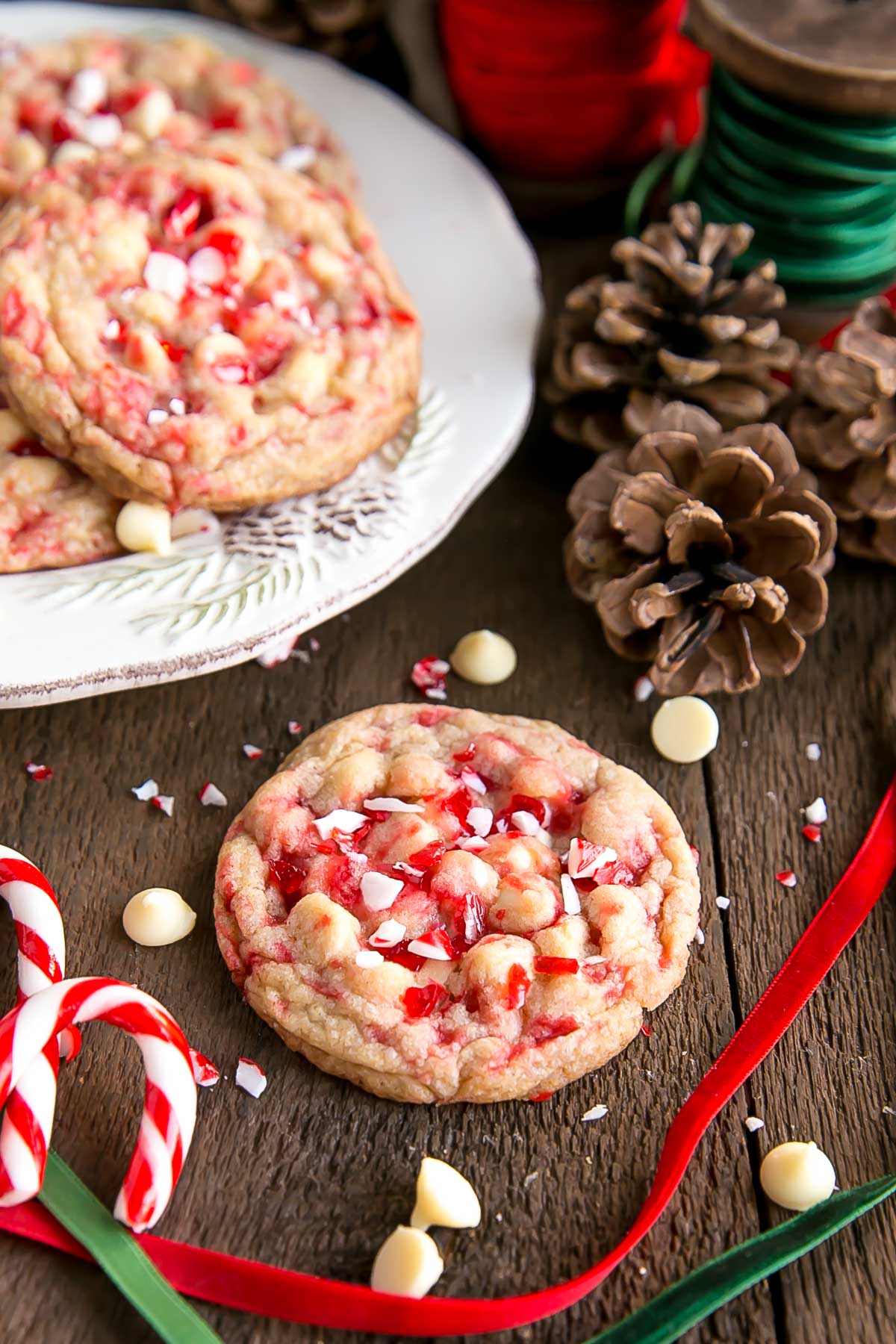 Crispy and chewy cookies with crushed candy canes and white chocolate chips.