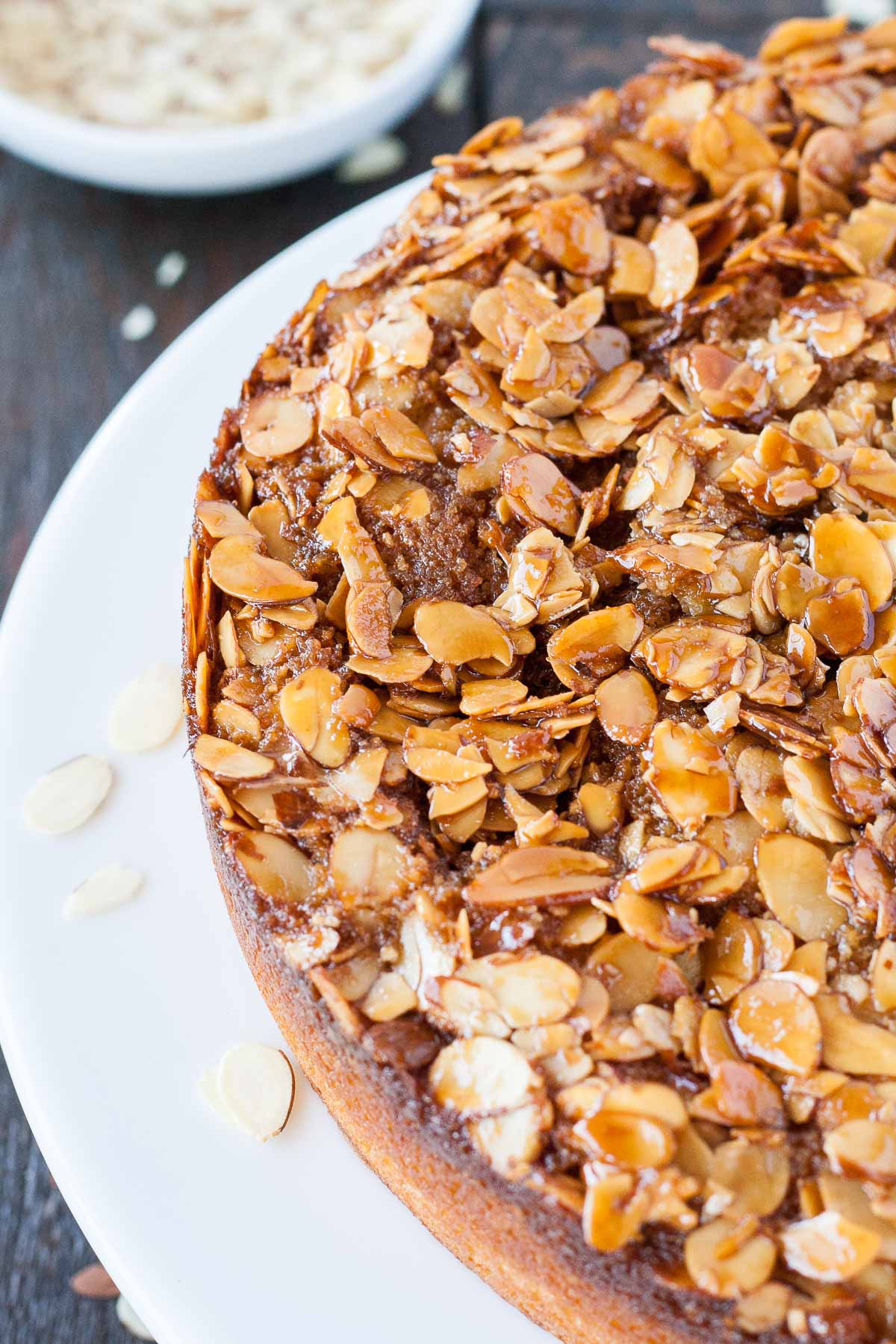 Close up of the almonds on top of the cake.