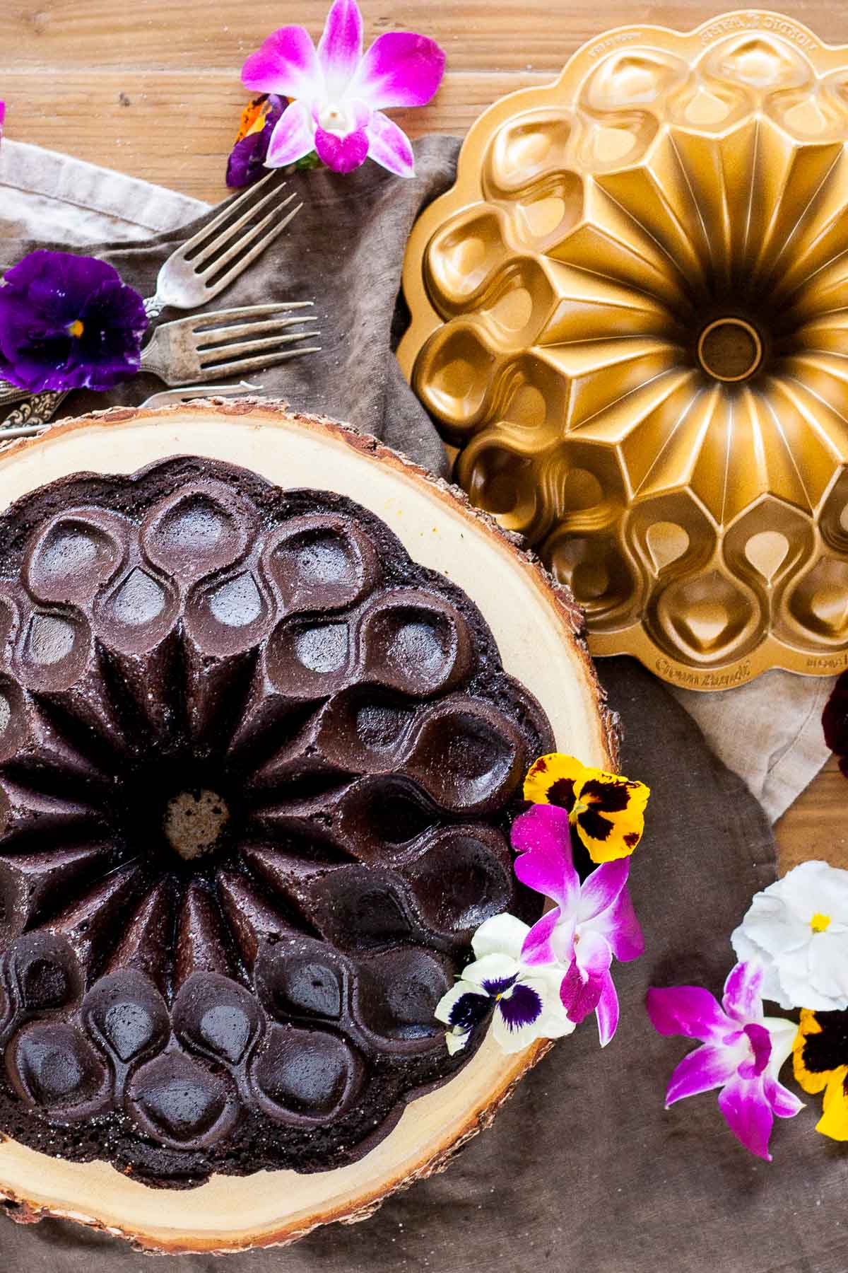 Overhead shot of the cake and bundt pan side by side.