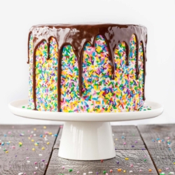 Funfetti cake with a chocolate ganache drip on a white cake stand.