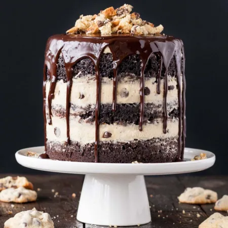 Naked style chocolate cake with a ganache drip on a white cake stand. Cookies in the background.