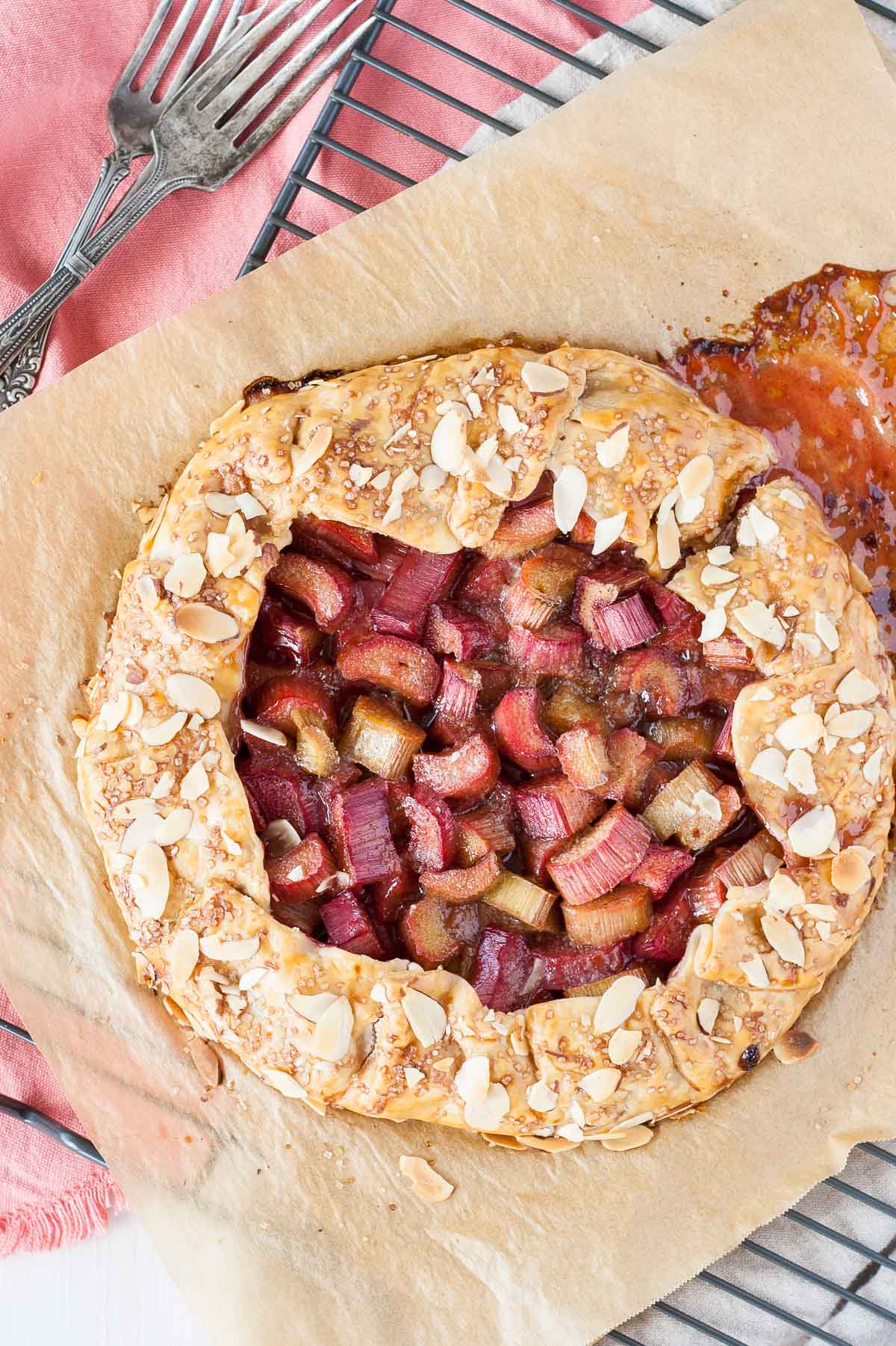 Overhead shot of the rhubarb galette on parchment.