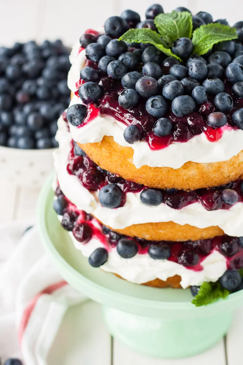 Angled shot of the top of the cake showing the fresh blueberries on top.