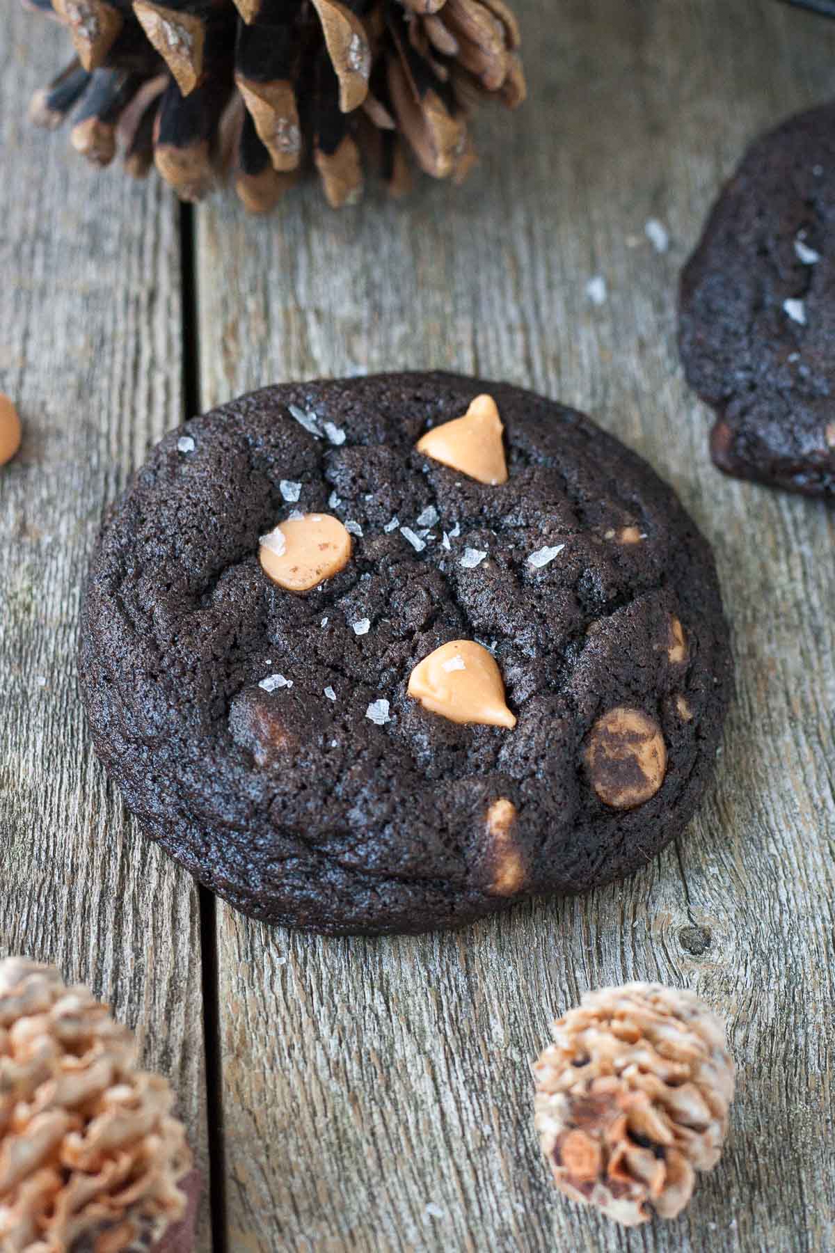 A close up of a cookie on a wooden background.