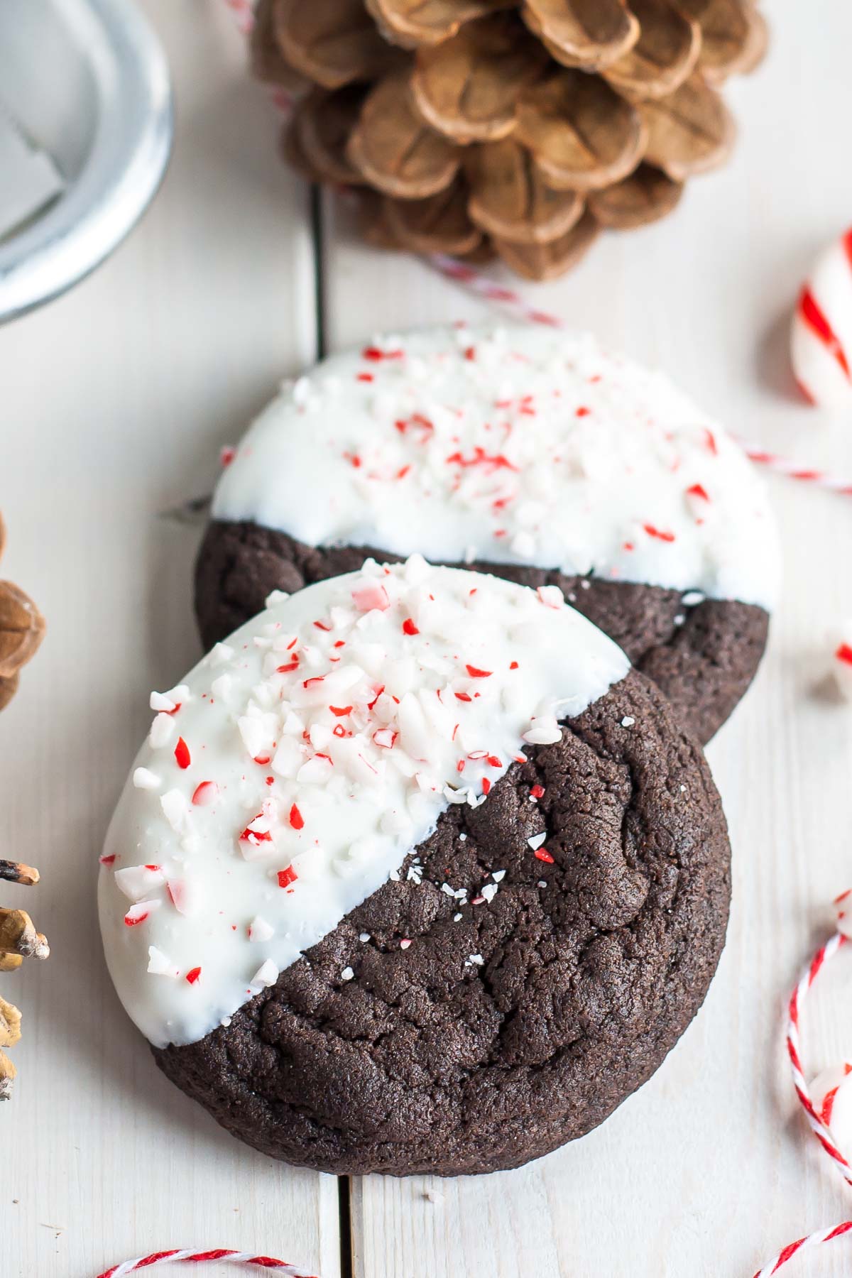 Dark Chocolate Cookies Dipped in White Chocolate and sprinkled with chopped candy canes.