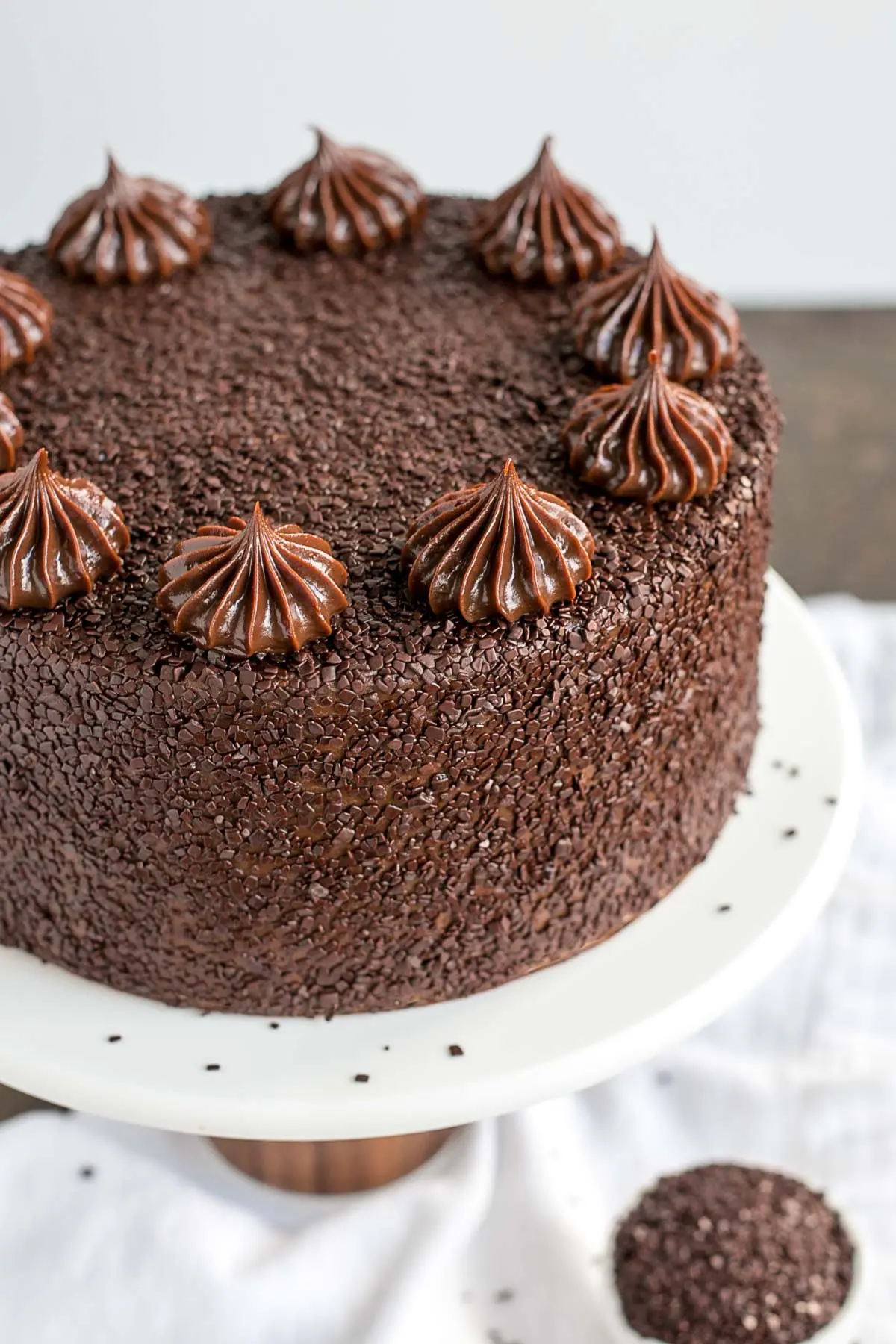 Chocolate truffle cake using ganache as a filling and frosting.