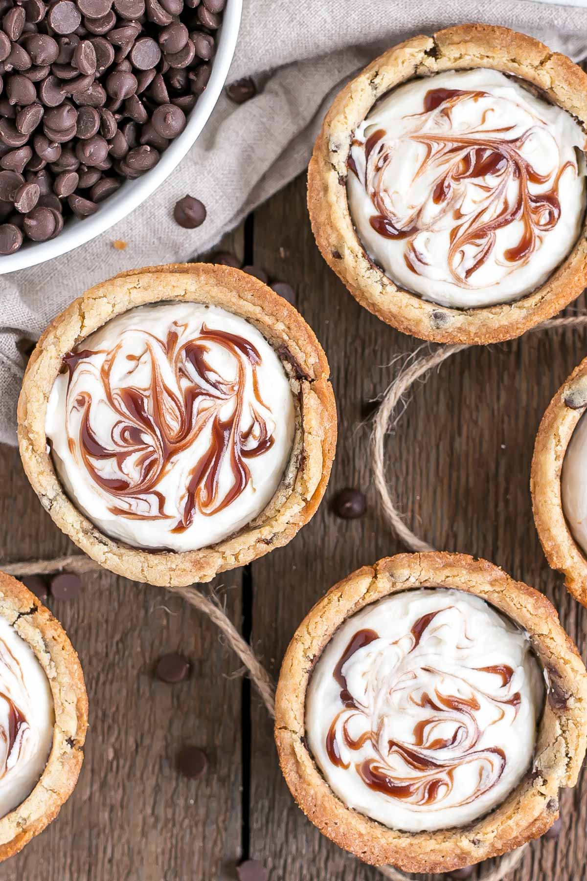 Overhead shot of cookie cups on a wooden table