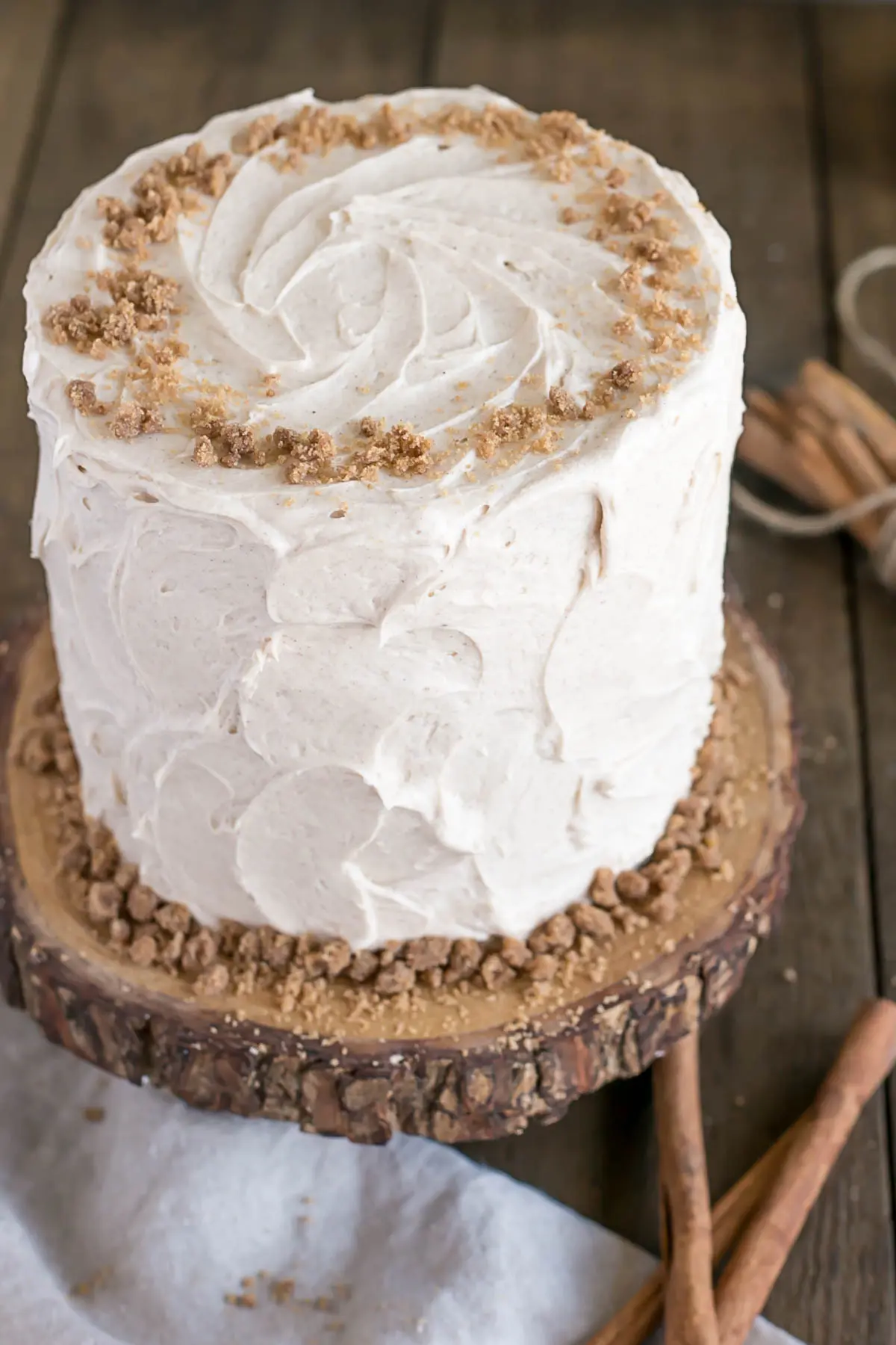 Angled shot of the cake showing crumble on top