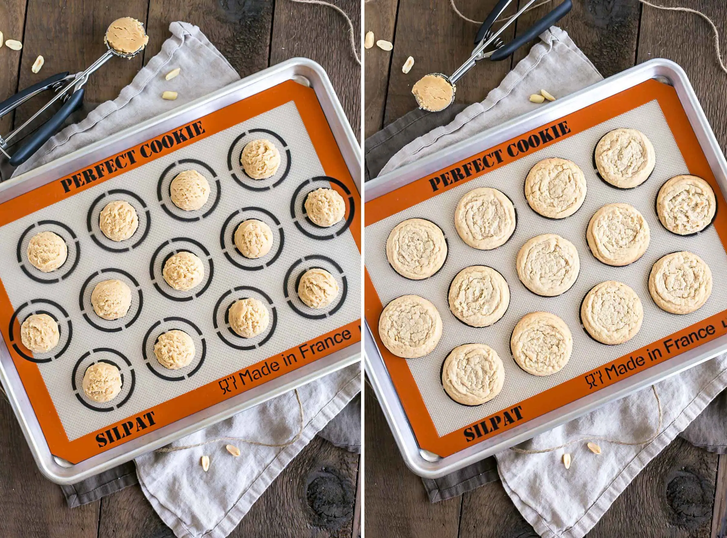 Side by side photo of cookies before and after baking