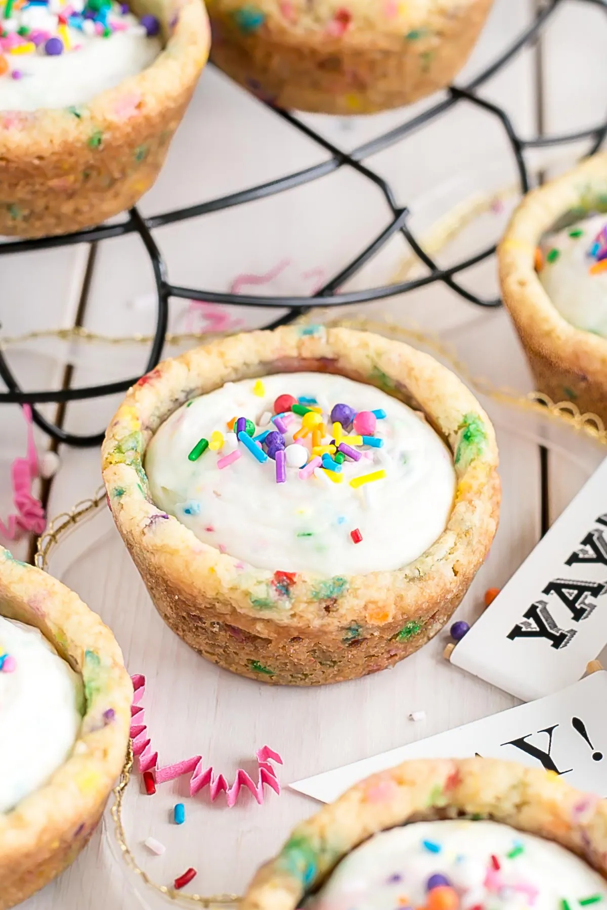 Funfetti cookie cups with party decor