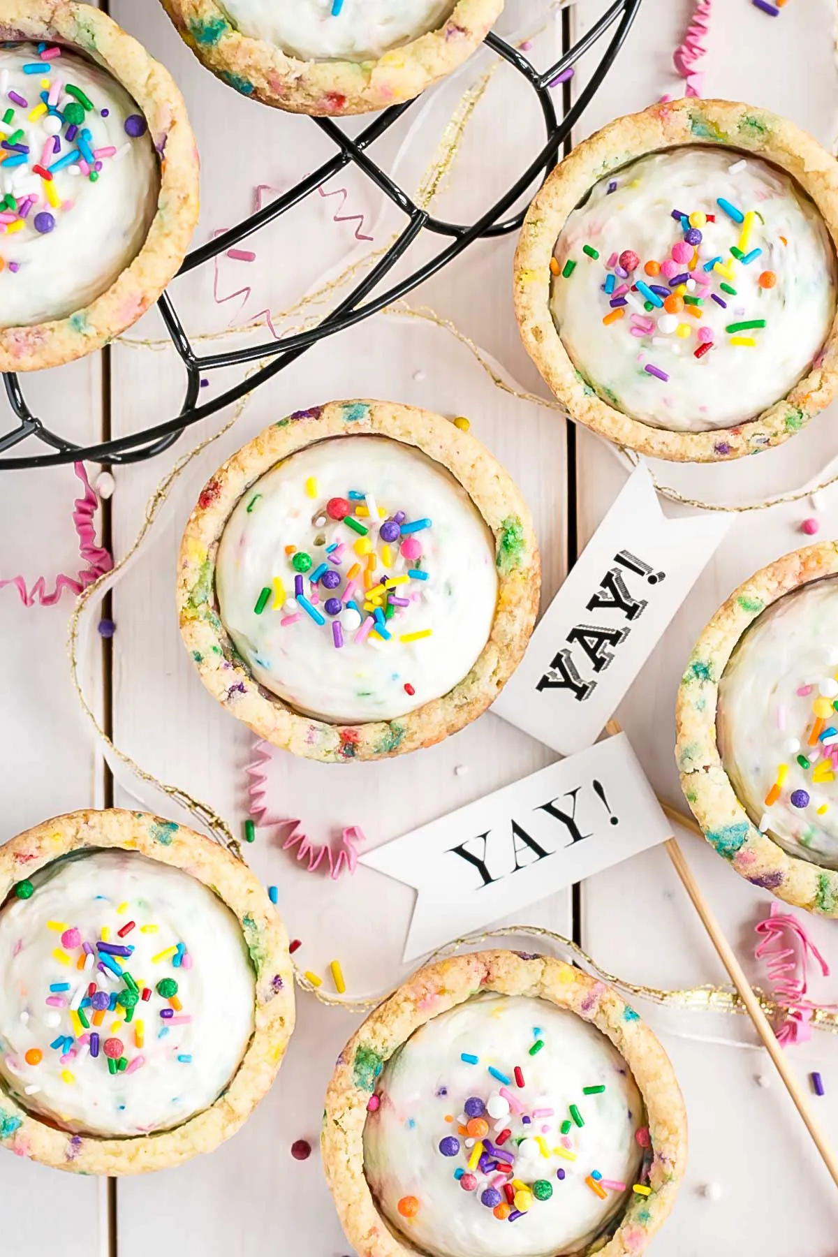 Overhead shot of cookie cups and party decor