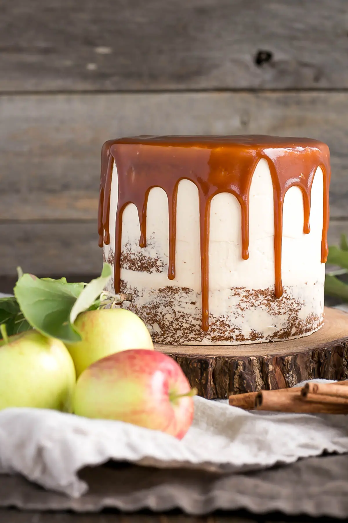 Cake on a rustic wood serving plate.