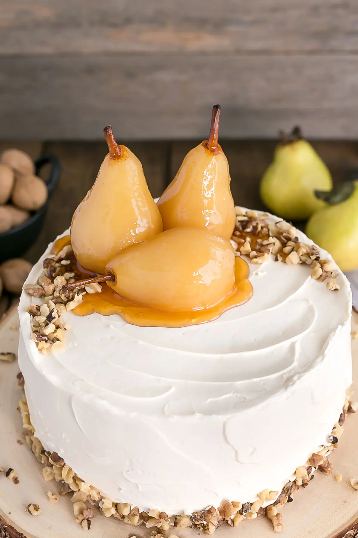 Close up of the pears on top of the cake.