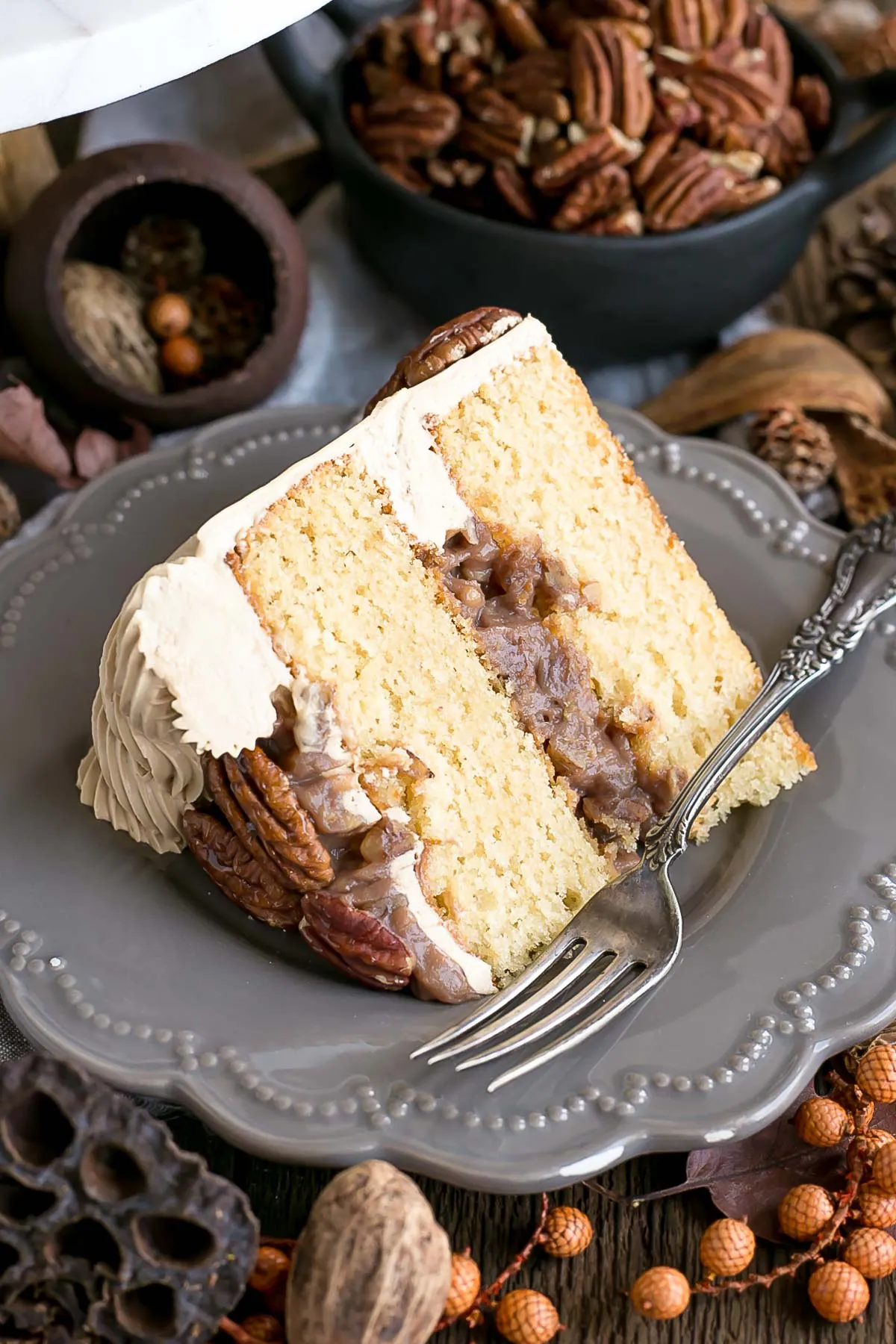 Slice of cake on a plate.