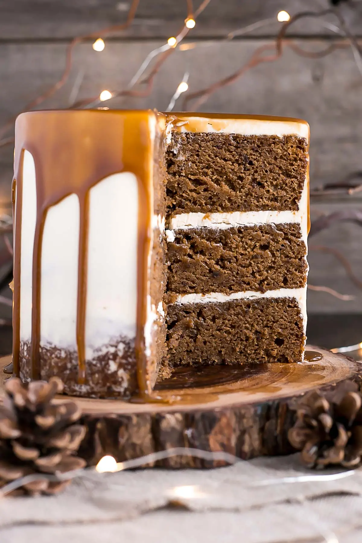 A cross section of a cake sitting on top of a table.