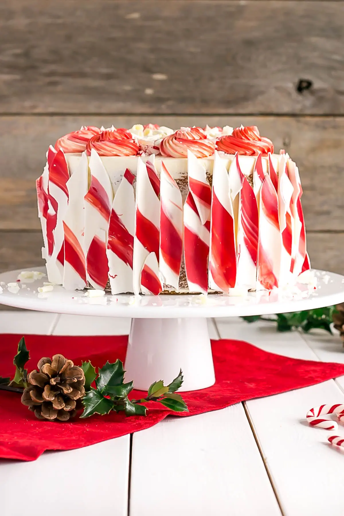 White Chocolate Candy Cane Cake on a white cake stand
