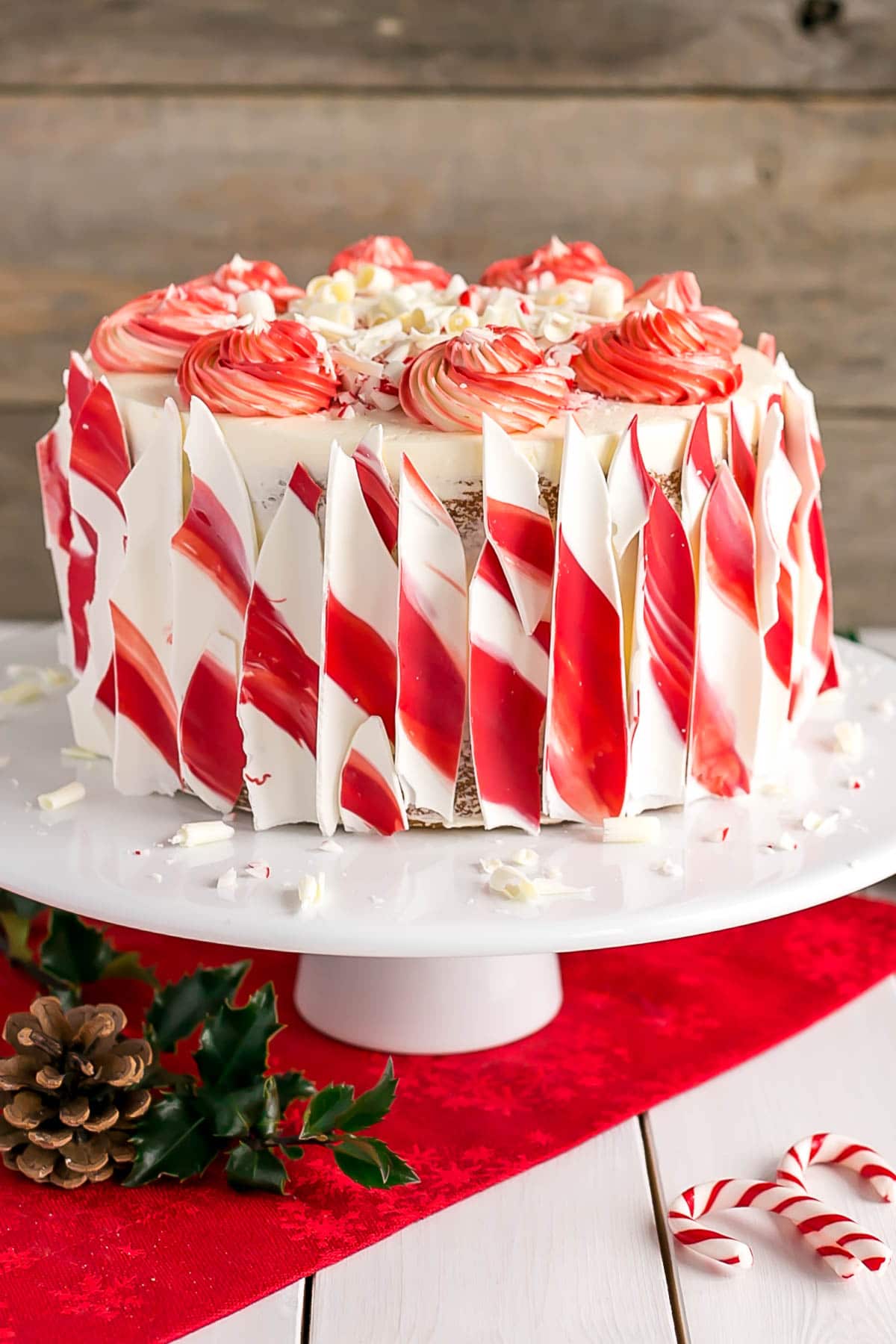 White Chocolate Candy Cane Cake with candy cane bark
