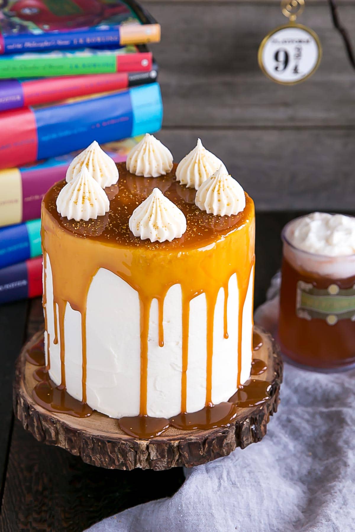 Harry Potter Butterbeer Cake with a butterscotch drip.