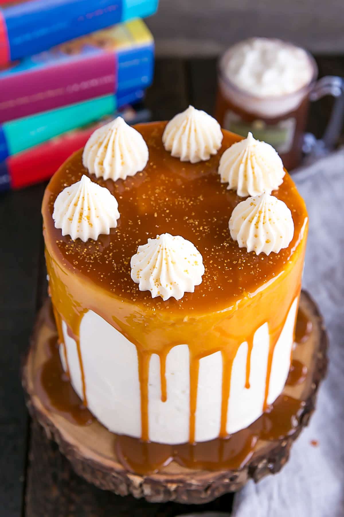 Harry Potter Butterbeer Cake with gold sprinkles.