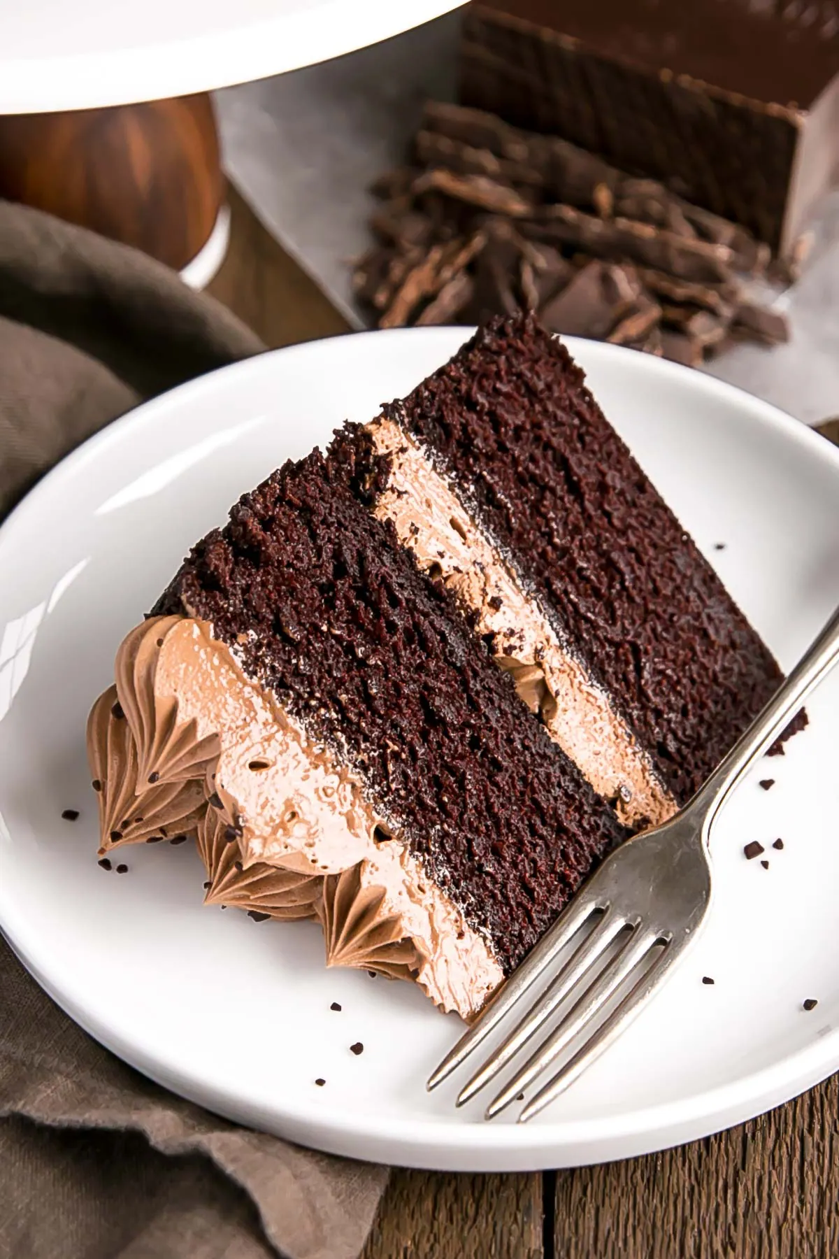 A piece of chocolate cake on a plate