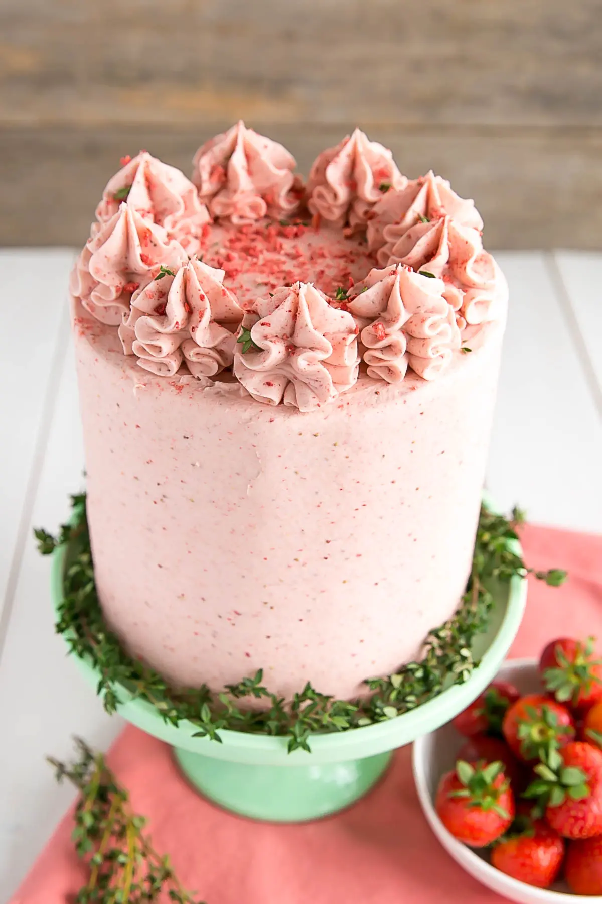Strawberry cake made with freeze-dried strawberries.