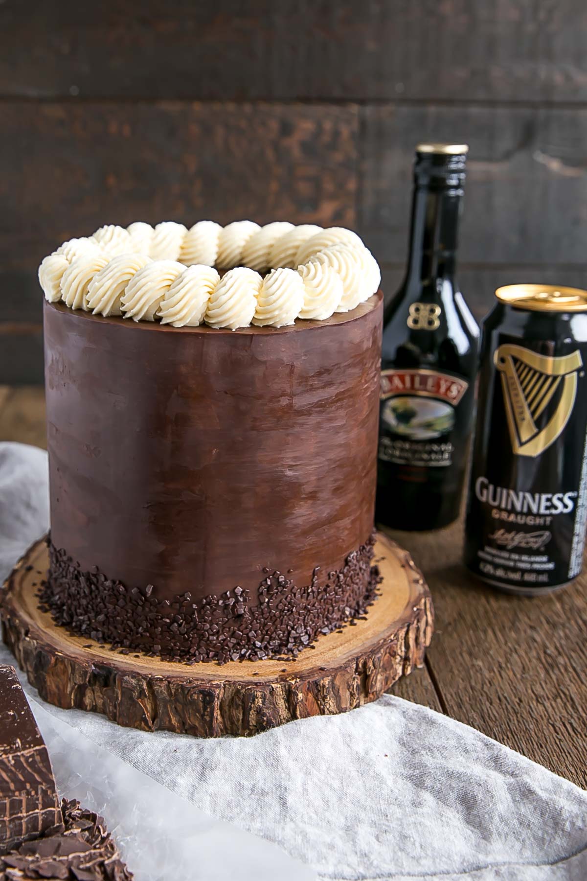 Chocolate Cake with Guinness and Baileys in the background.