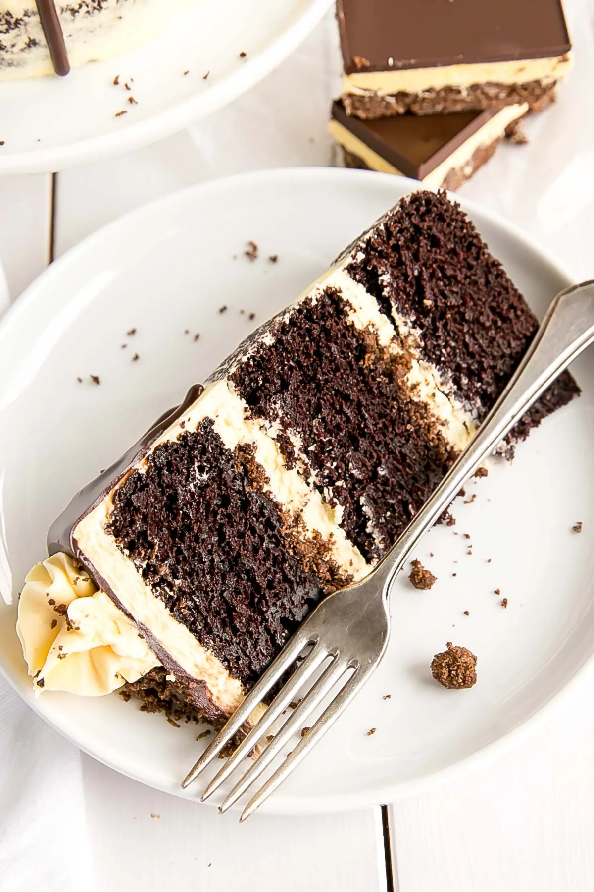 Slice of the Nanaimo Bar cake showing layers of custard frosting and cookie crumble.