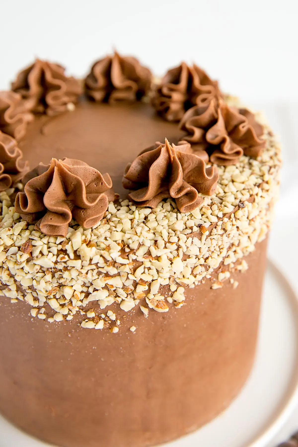 Close up a Milk Chocolate Almond Cake with chopped almonds and rosettes