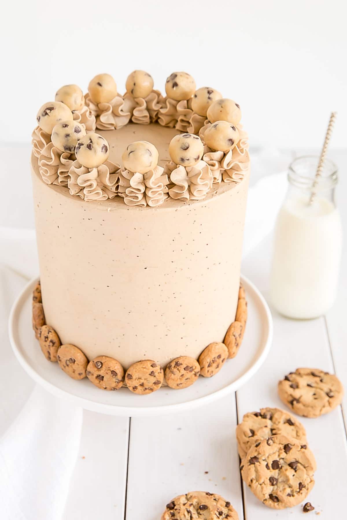 Chocolate chip cookie cake with edible cookie dough.