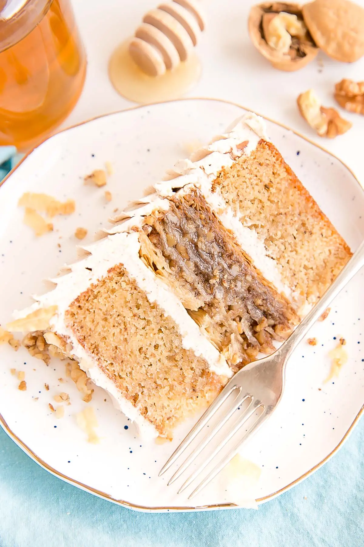 A slice of baklava cake on a plate
