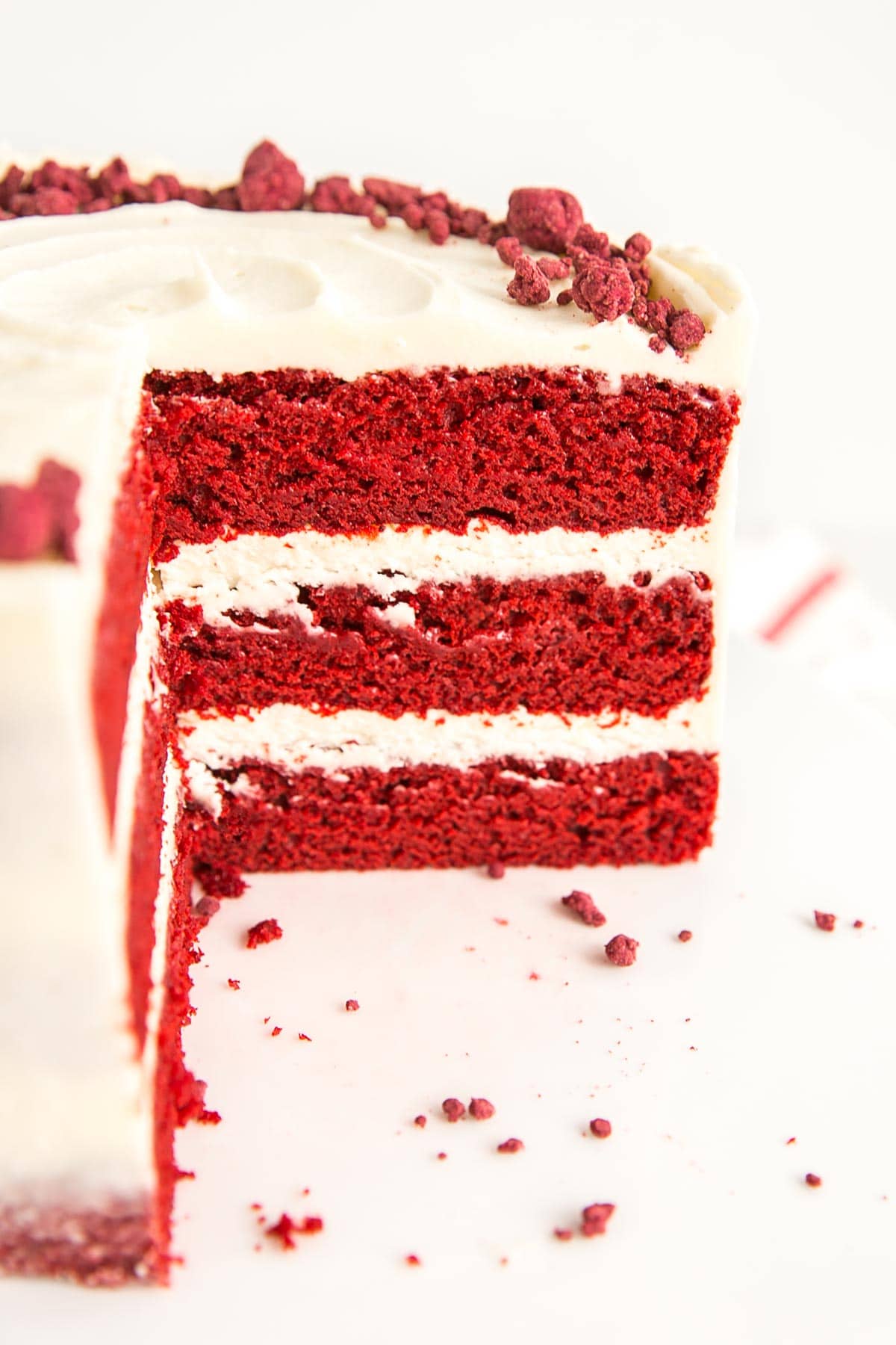 Inside of the cake where you can see the red velvet cake layers.