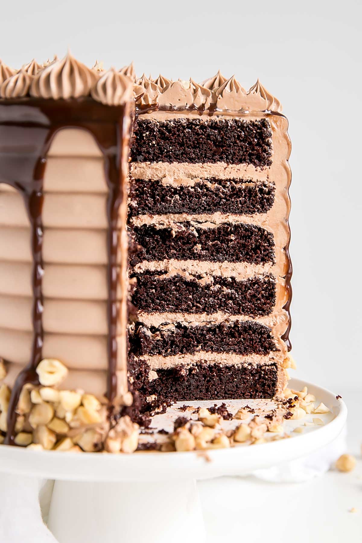 Six layers of chocolate cake sandwiched with Nutella buttercream.