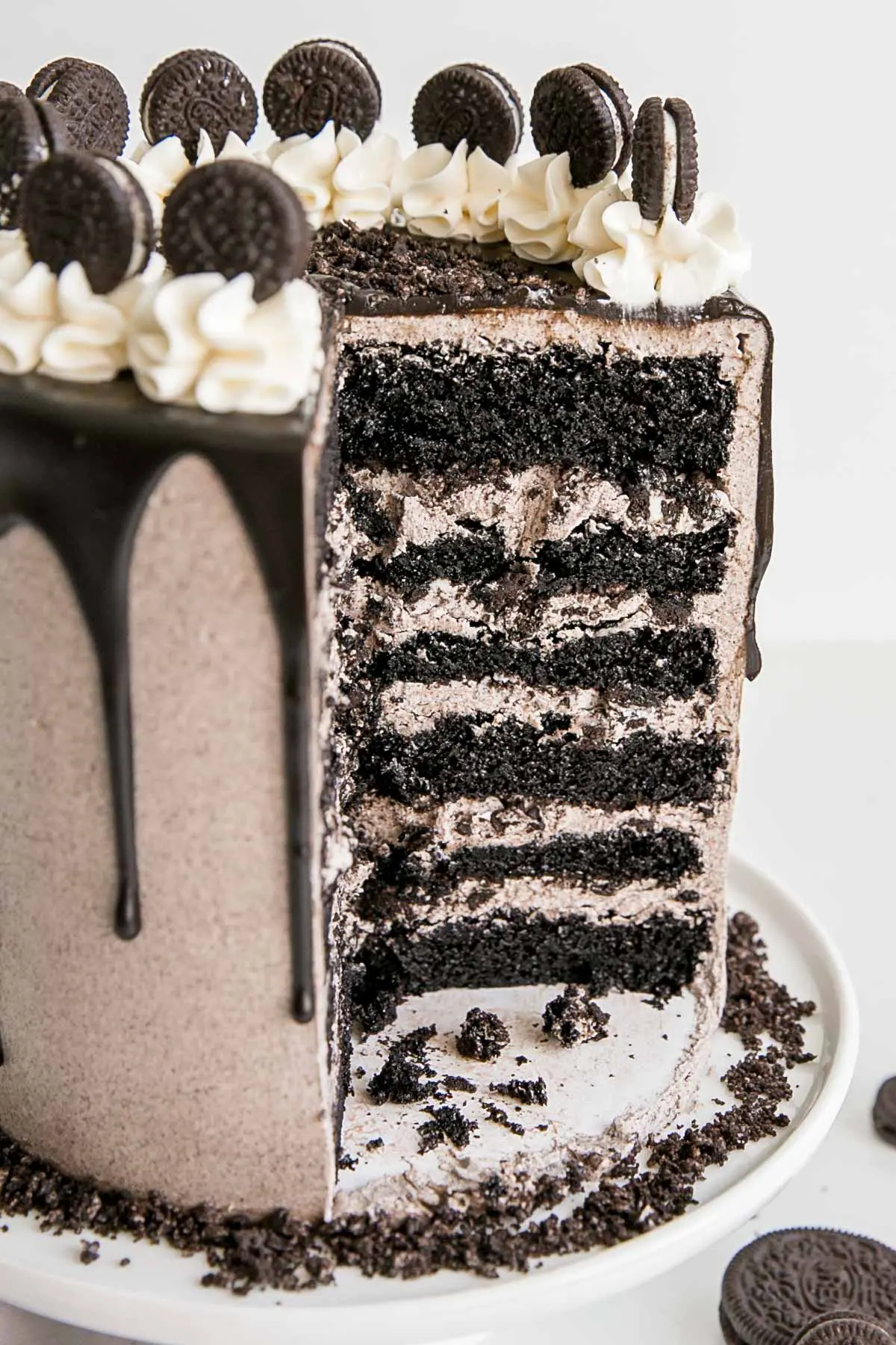 Cross section of a cookies and cream cake showing all 6 layers.