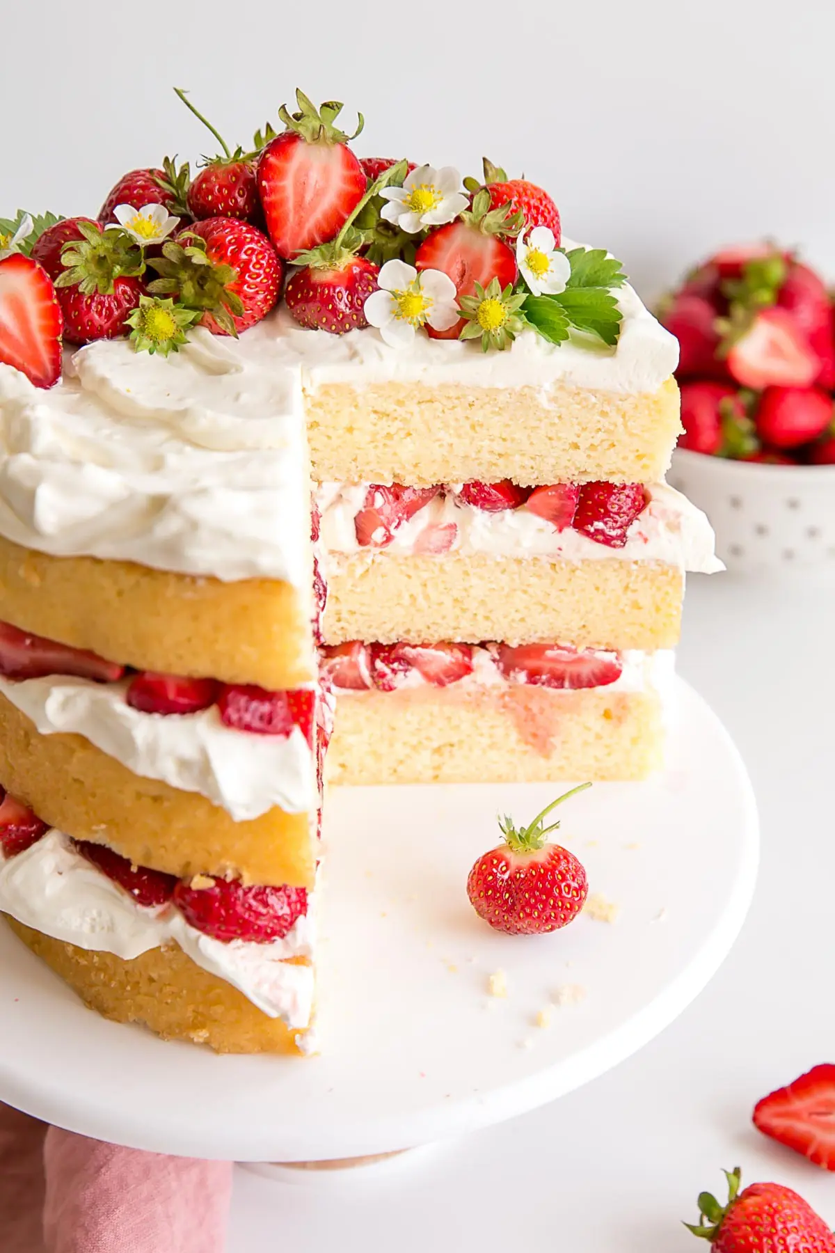 Angled cross section of a strawberry shortcake cake showing the layers.